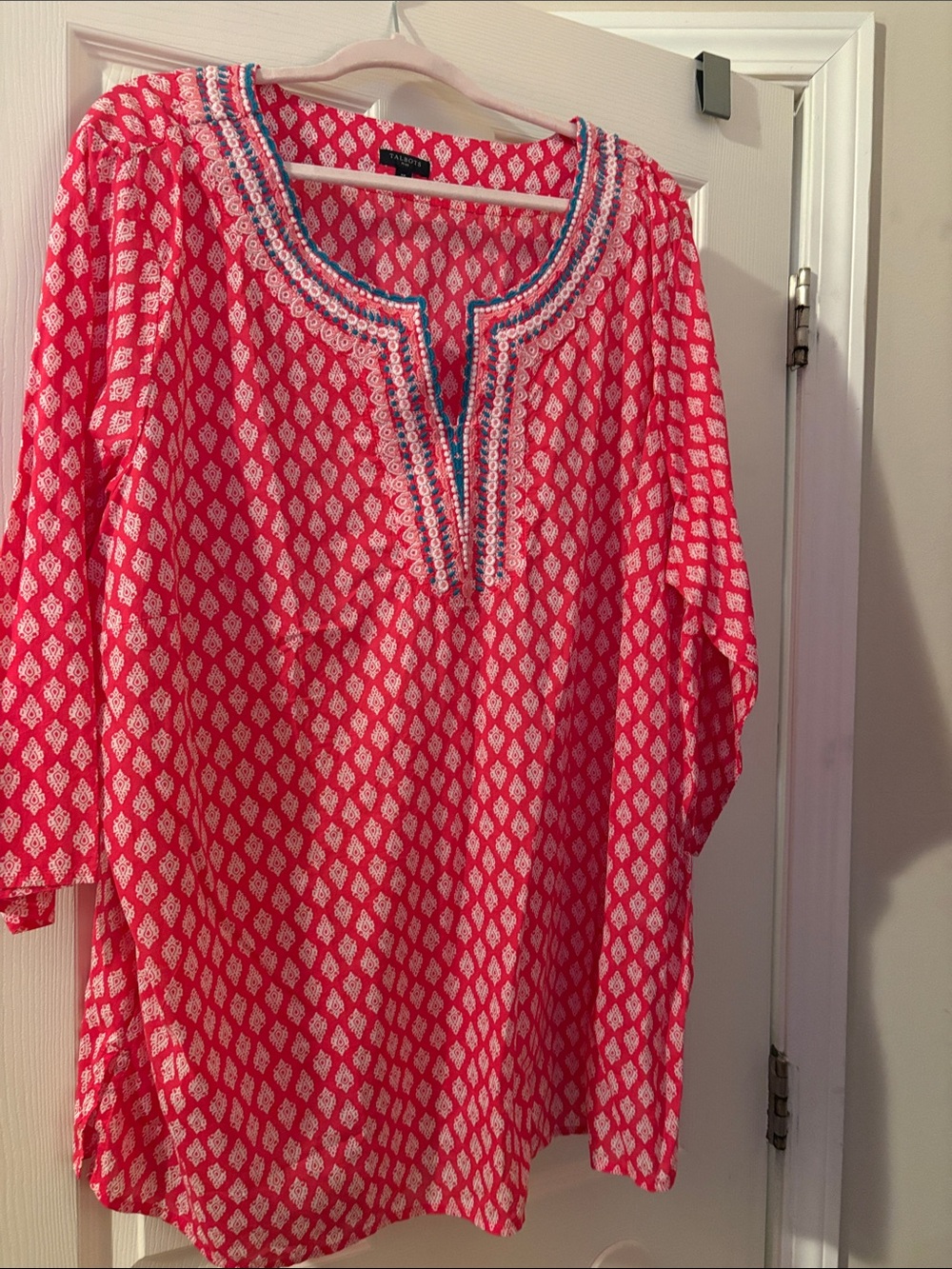 Talbots Coral Pink Printed Split-Neck Blouse with Blue Trim
